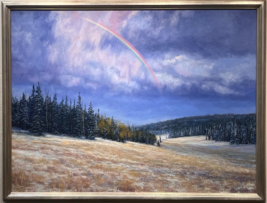 Crystal Bow A landscape featuring a rainbow over grassy fields and forested hills under a cloudy sky.