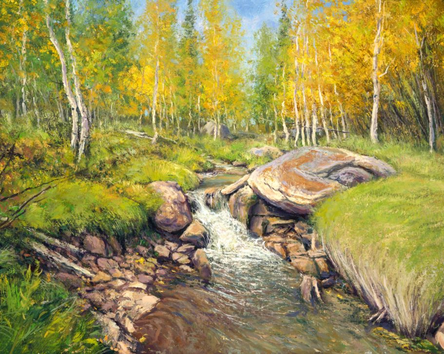 Fall on The Virgin River A serene landscape featuring a stream flowing through a wooded area with autumn foliage.