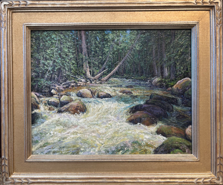 Fresh of the Easel A flowing river with rocks and lush greenery in a forest setting.
