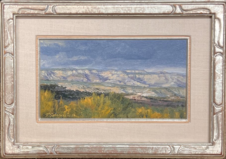 Escalante Grey Landscape featuring rolling hills under a cloudy sky, framed with ornate detailing.