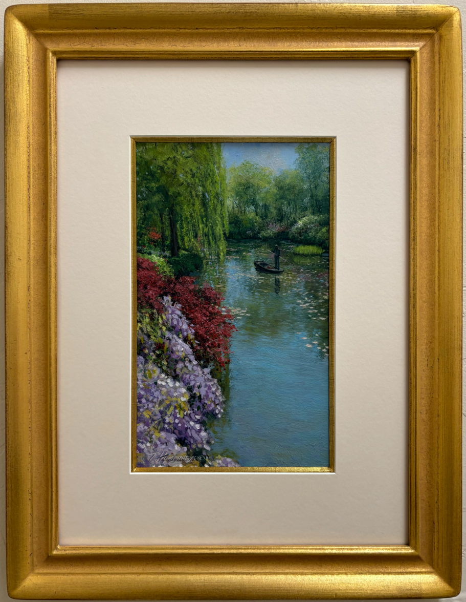 Monet's Pond #7 Serene river scene with lush greenery and colorful flowers beside the water.