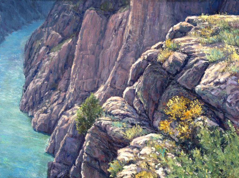 Fall on Coal Creek Scenic riverbed surrounded by colorful trees and rocky cliffs in a mountainous landscape. Landscape painting, Fine art, Travis Humphreys